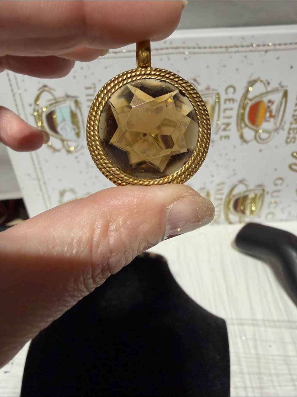 Gold-Tone Faceted Amber Topaz Glass Pendant